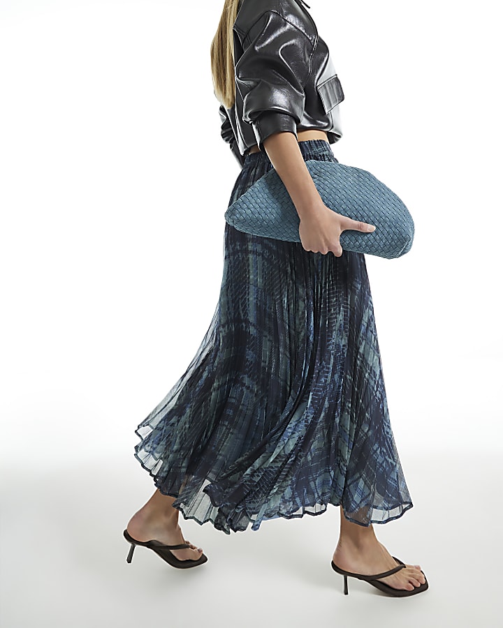 Blue Check Pleated Midi Skirt