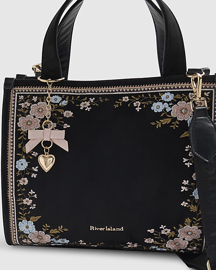 Black Floral Embroidered Tote Bag