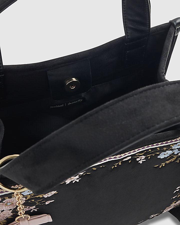 Black Floral Embroidered Tote Bag