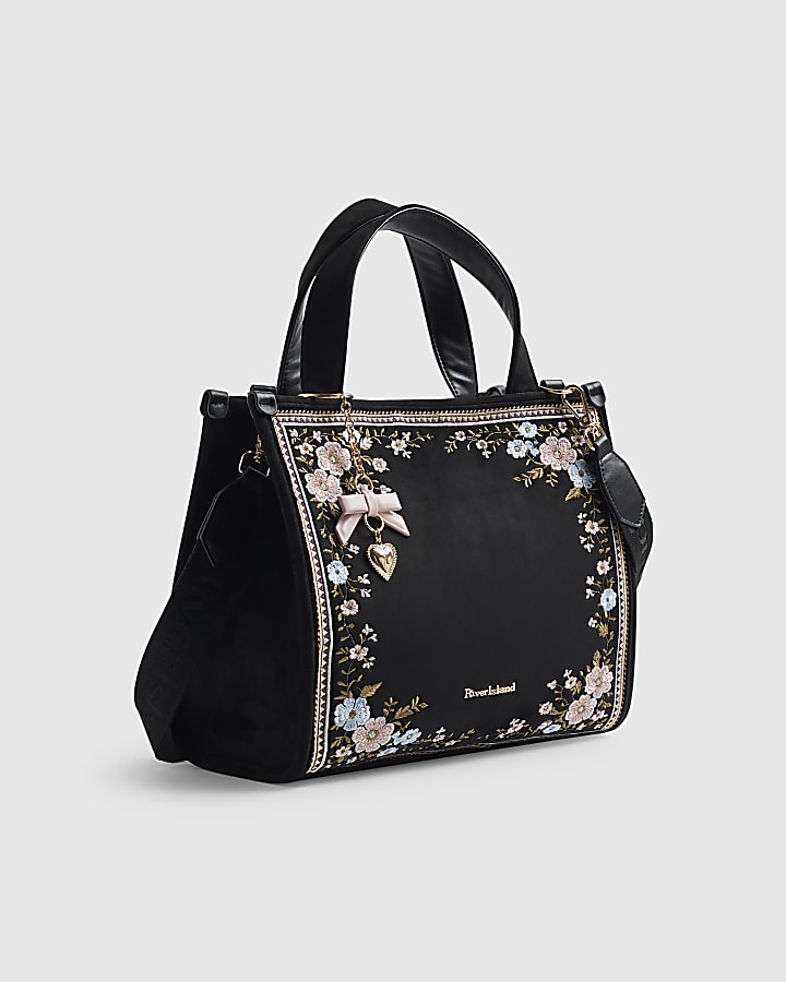 Black Floral Embroidered Tote Bag