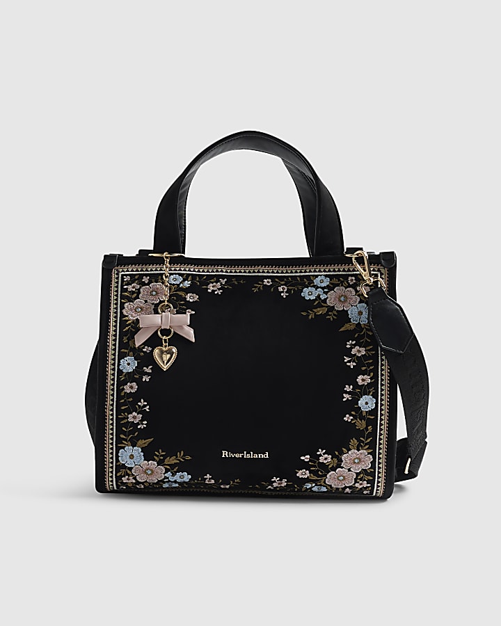 Black Floral Embroidered Tote Bag