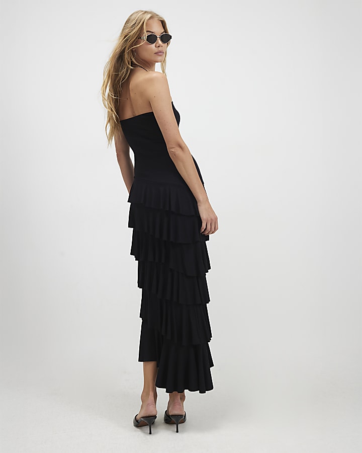 Black Bandeau Ruffle Maxi Dress
