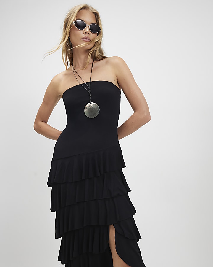 Black Bandeau Ruffle Maxi Dress