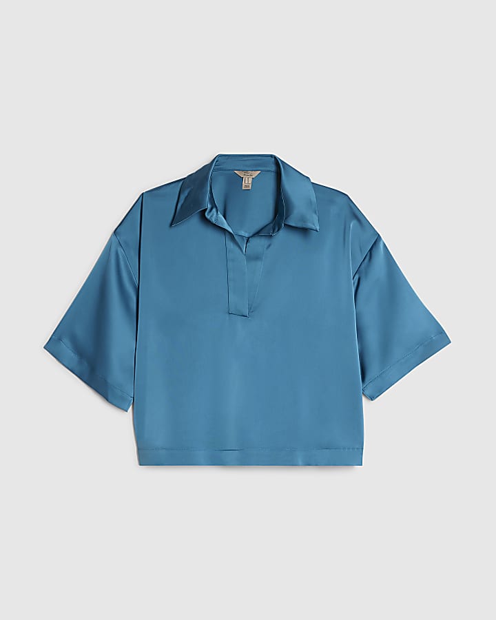 Blue Satin Polo Top