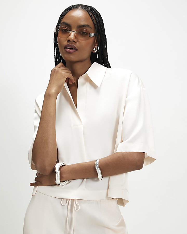Cream Satin Polo Top