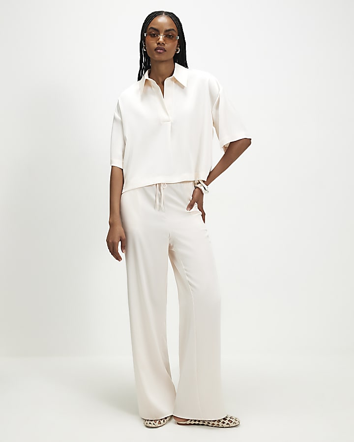 Cream Satin Polo Top