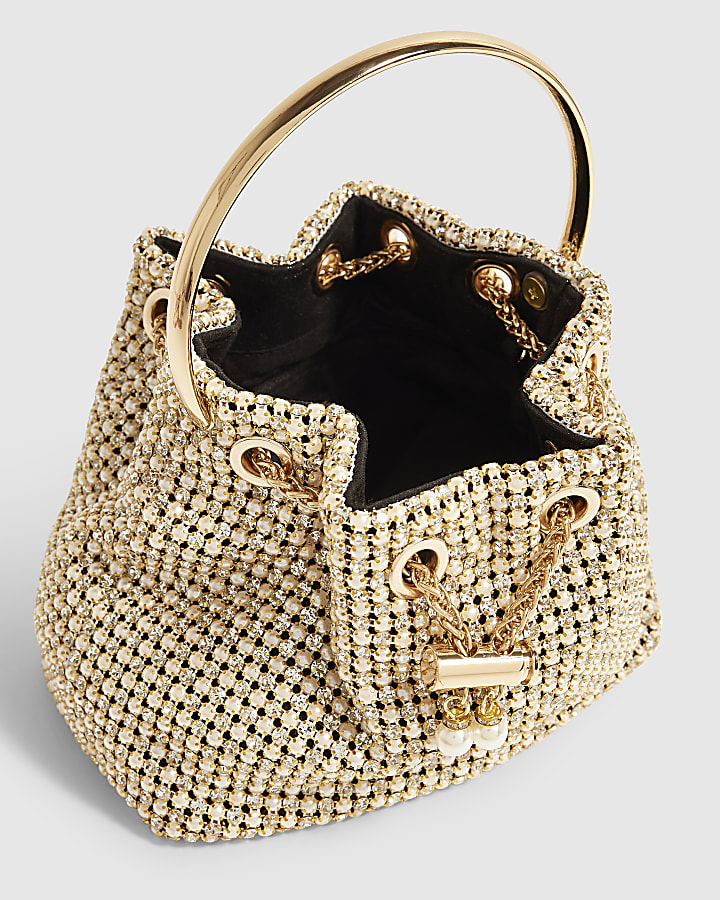 Gold Pearl Mesh Droplet Clutch Bag