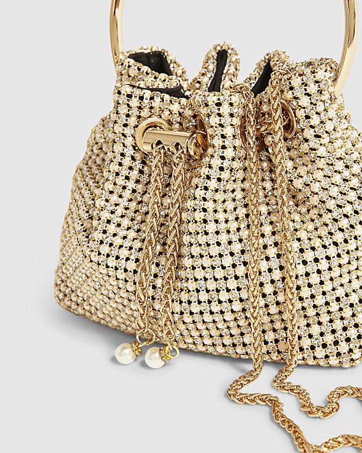 Gold Pearl Mesh Droplet Clutch Bag