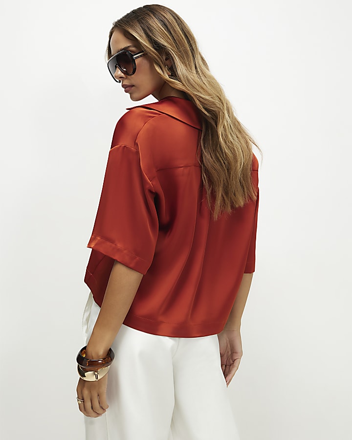 Orange Satin Polo Top