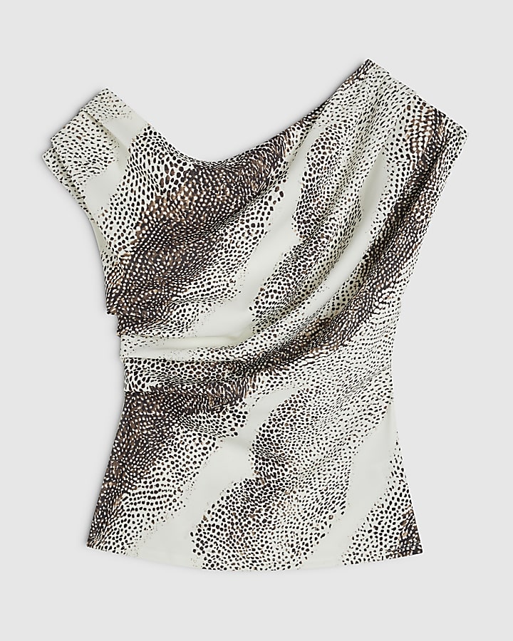 Beige Animal Print Asymmetric Drape Top