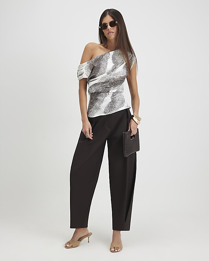 Beige Animal Print Asymmetric Drape Top