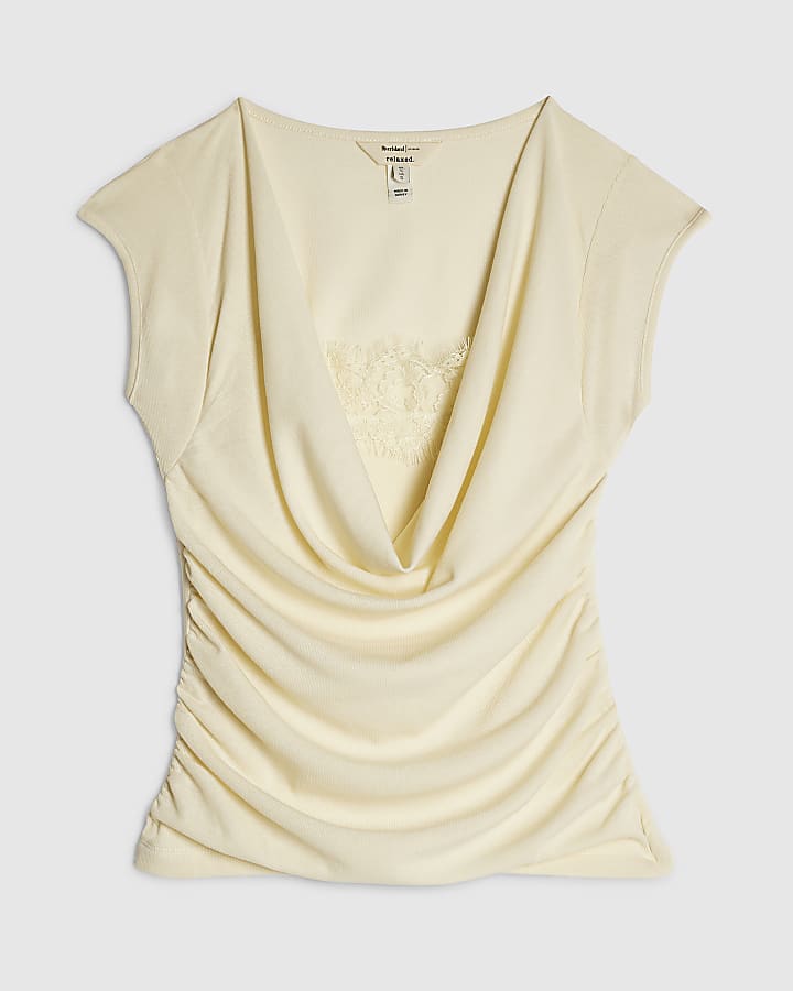 Cream Sleeveless Lace Drape Tank Top