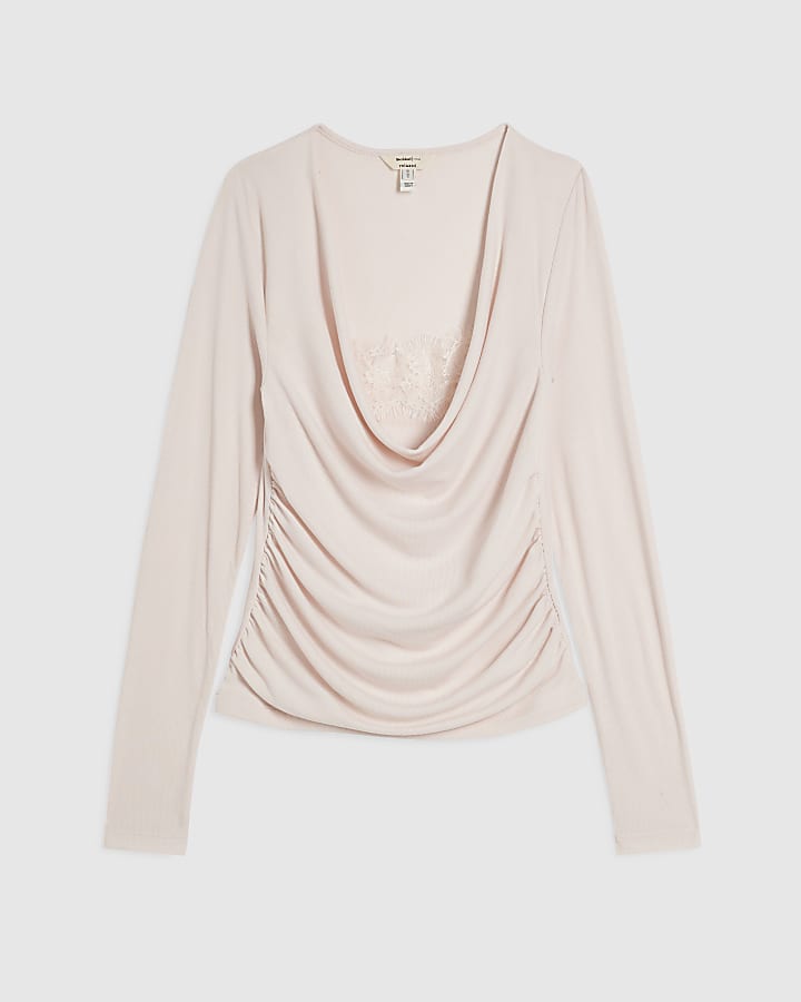 Pink Long Sleeve 2 In 1 Lace Drape Top