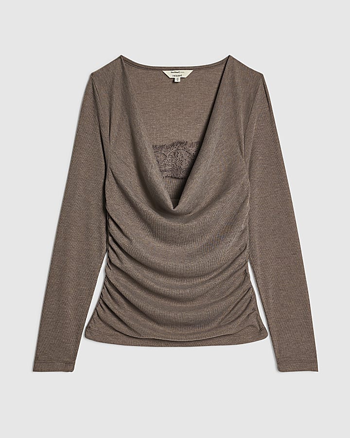 Brown Long Sleeve Lace Drape Top