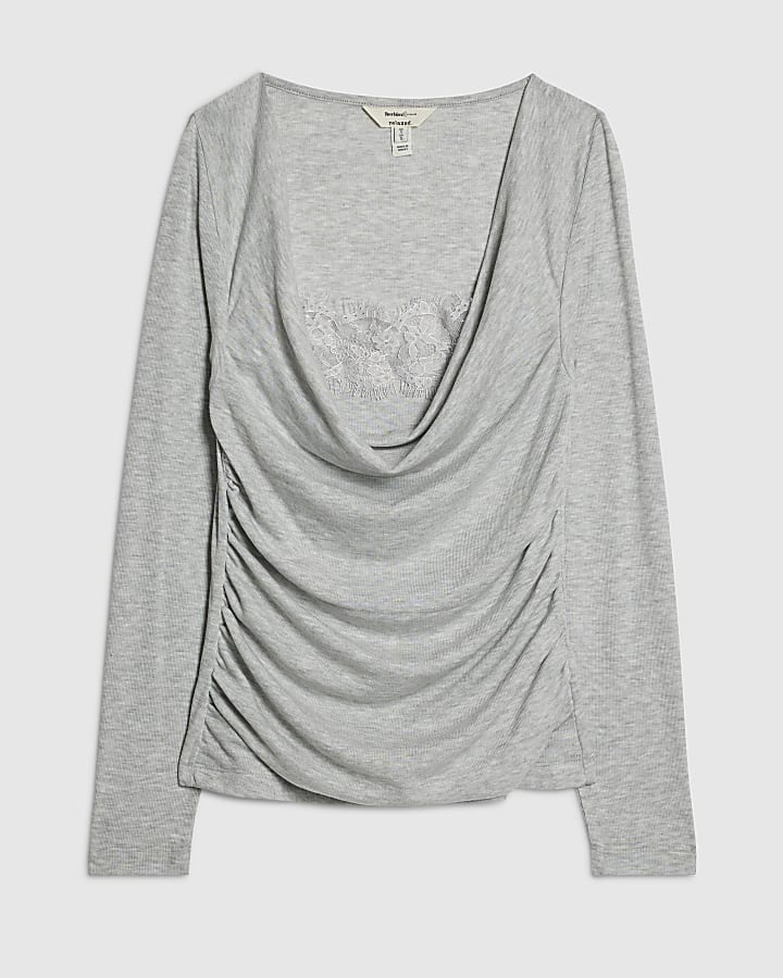 Grey Long Sleeve Lace Drape Top