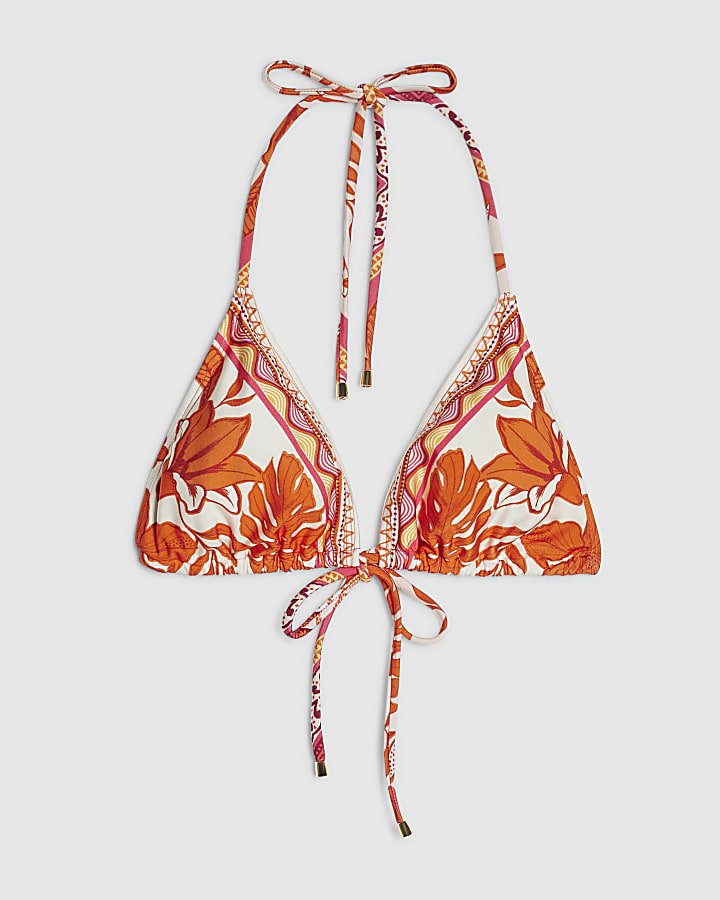 Red Floral Print Bikini Top