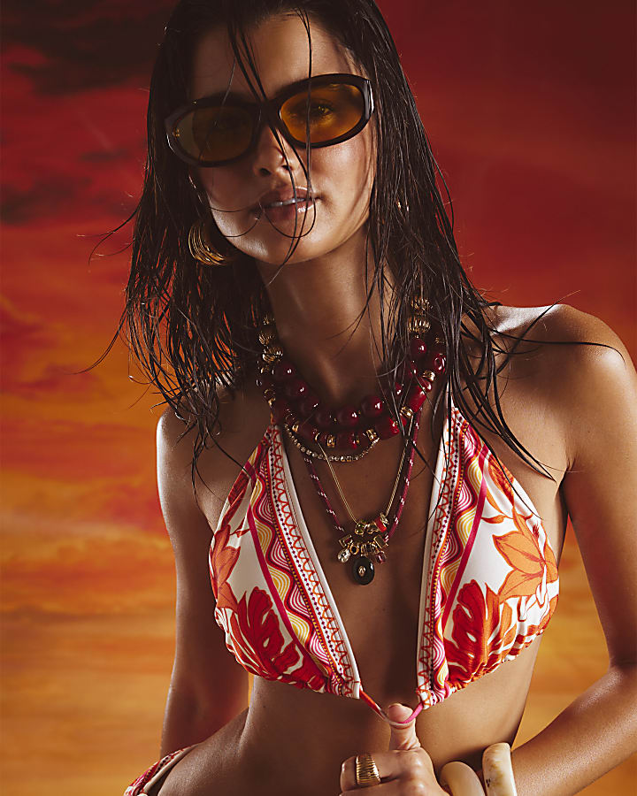 Red Floral Print Bikini Top