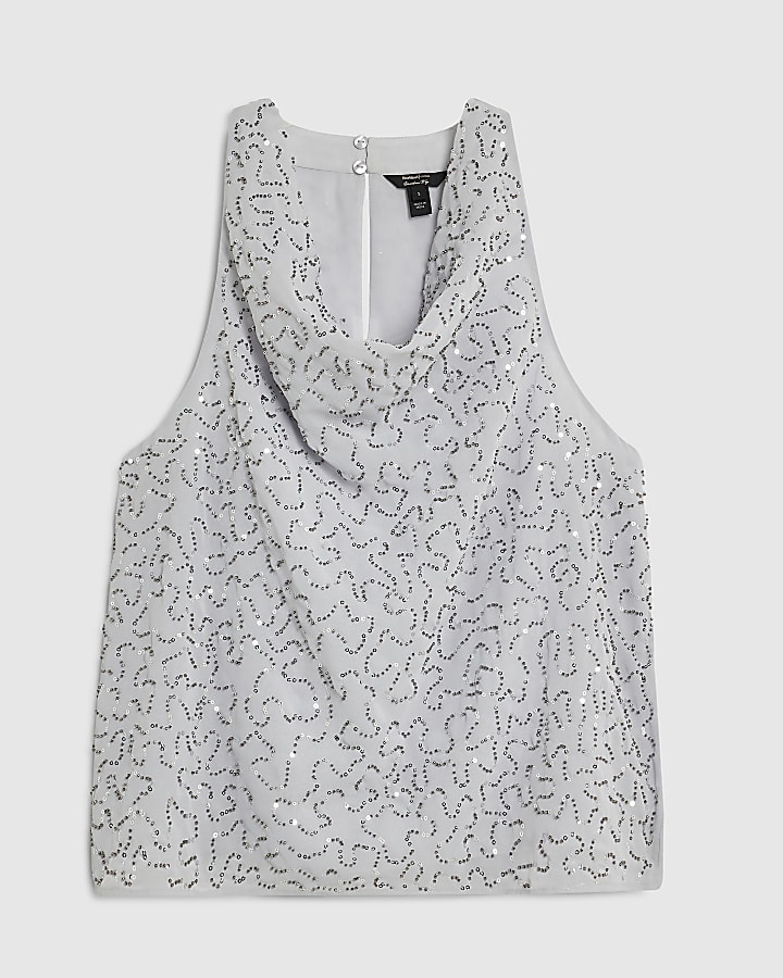 Silver Embellished Cowl Neck Top