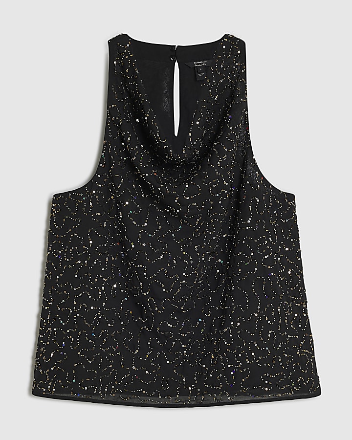 Black Embellished Cowl Neck Top