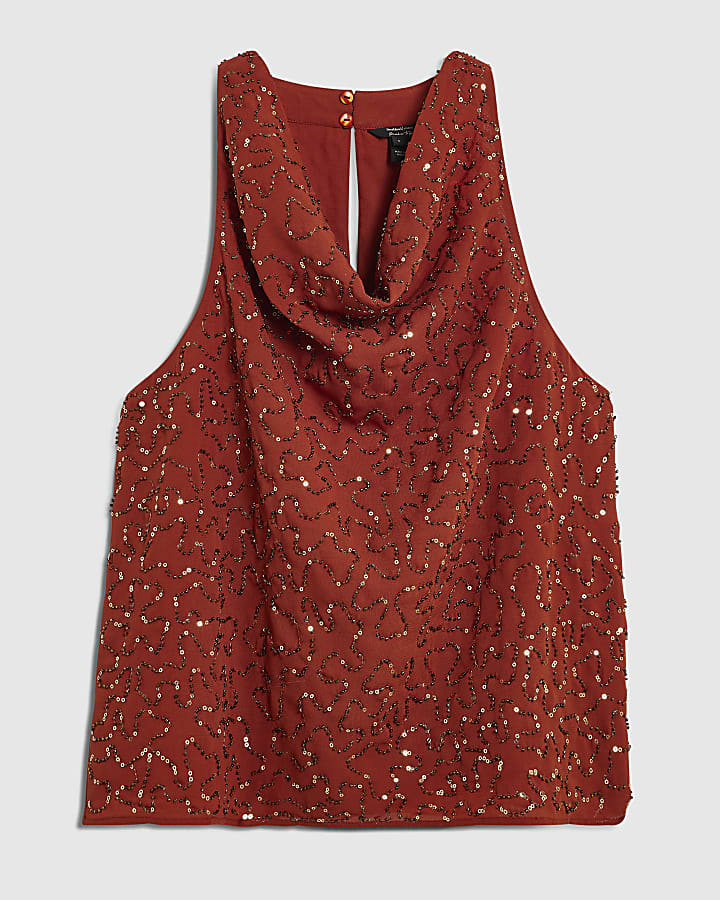 Orange Embellished Cowl Neck Top