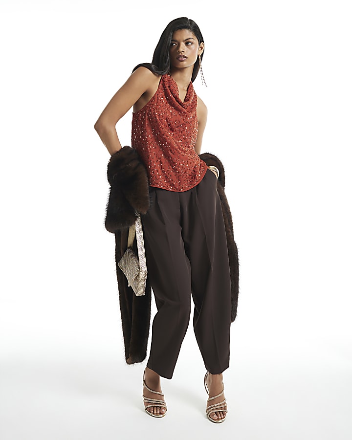 Orange Embellished Cowl Neck Top