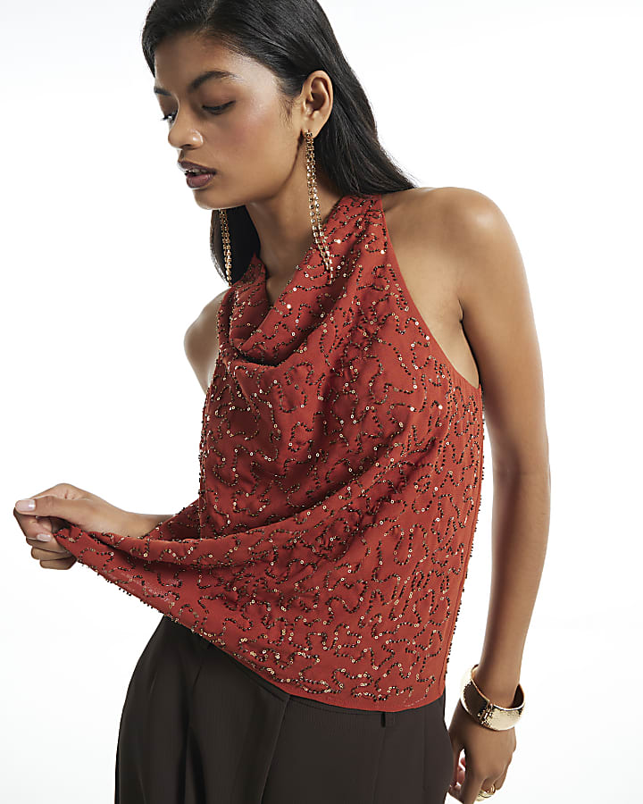 Orange Embellished Cowl Neck Top