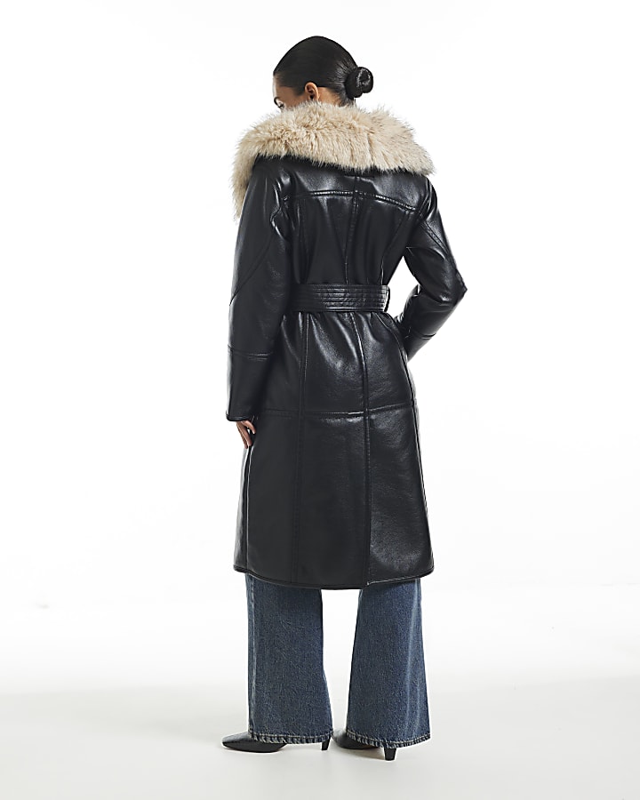Petite Black Belted Shearling Trench Coat