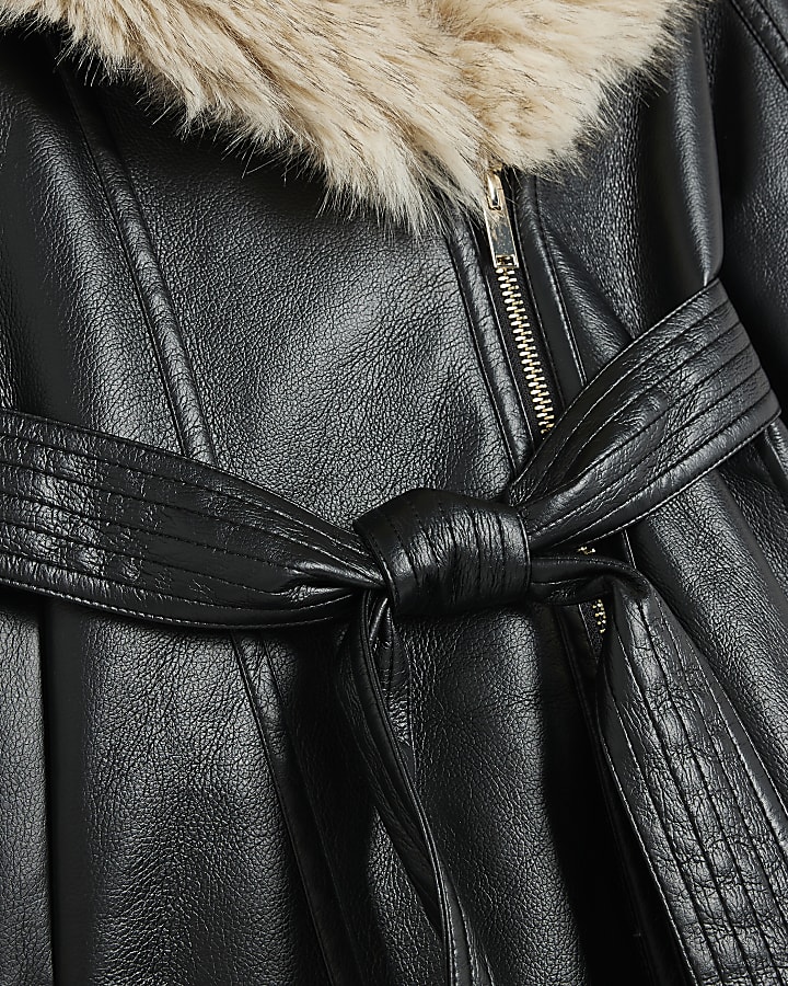 Petite Black Belted Shearling Trench Coat