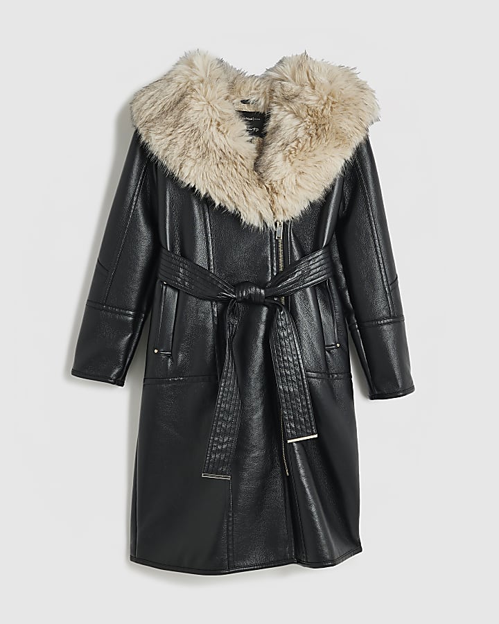 Petite Black Belted Shearling Trench Coat