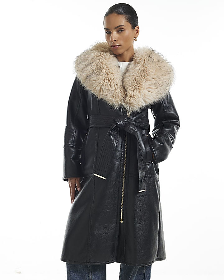 Petite Black Belted Shearling Trench Coat