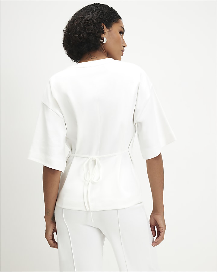 Cream Short Sleeve Tie Back Pocket Top