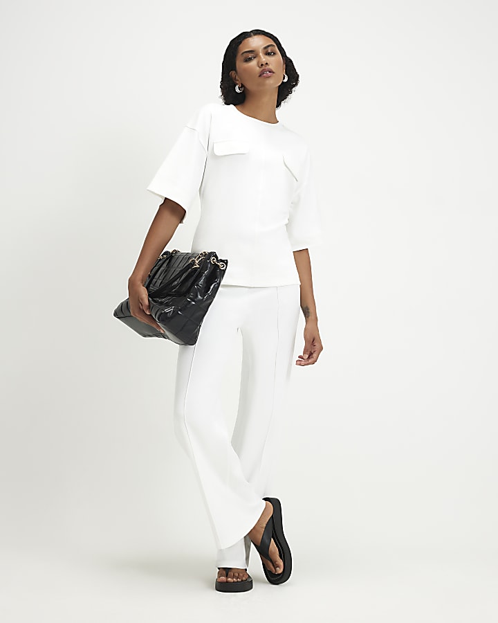 Cream Short Sleeve Tie Back Pocket Top