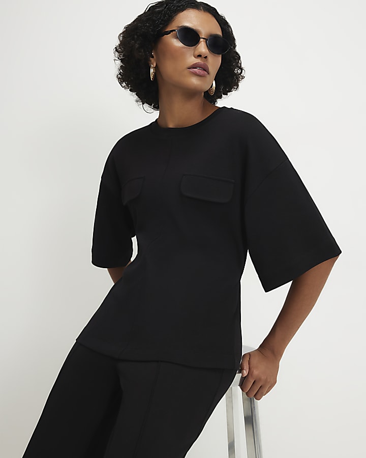 Black Short Sleeve Tie Back Pocket Top
