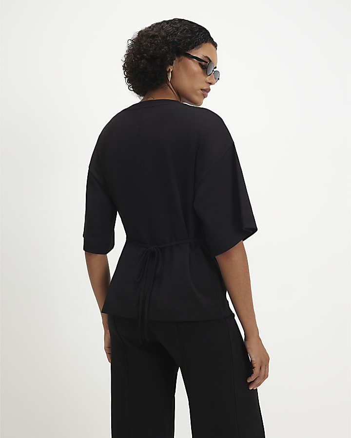 Black Short Sleeve Tie Back Pocket Top