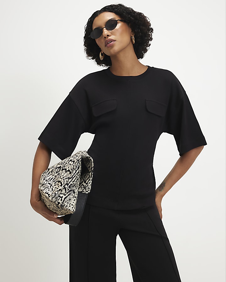 Black Short Sleeve Tie Back Pocket Top