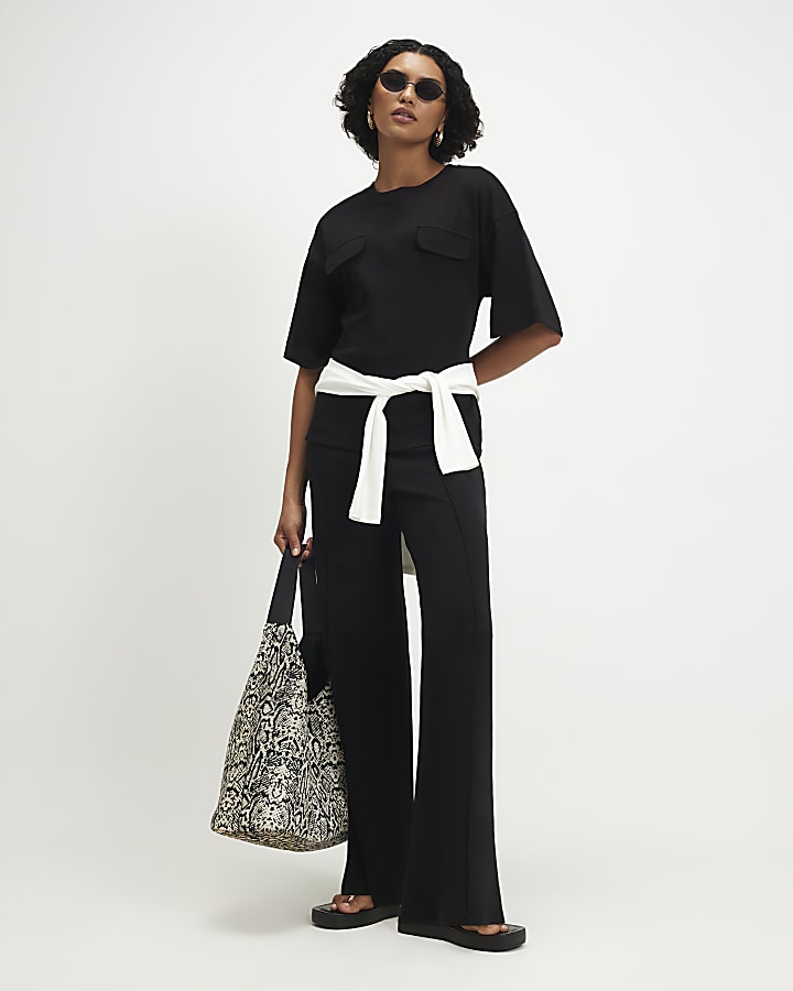 Black Short Sleeve Tie Back Pocket Top