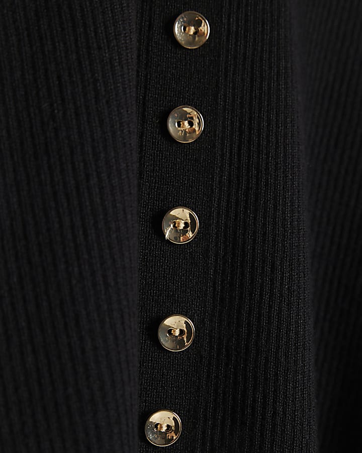 Black Ribbed Stacked Button Knit Top