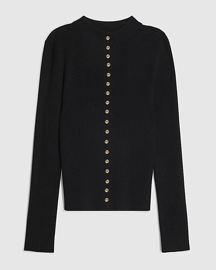 Black Ribbed Stacked Button Knit Top
