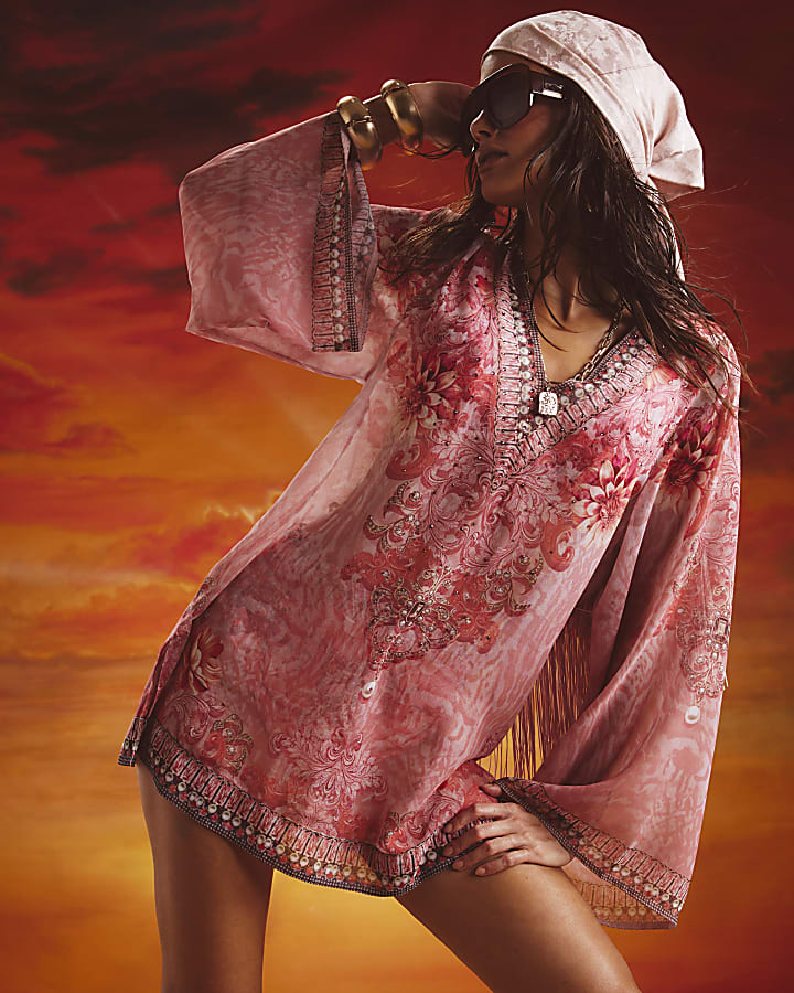 Pink Floral Pearl Printed Tunic