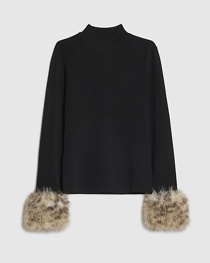 Black Knit Faux Fur Cuff Jumper