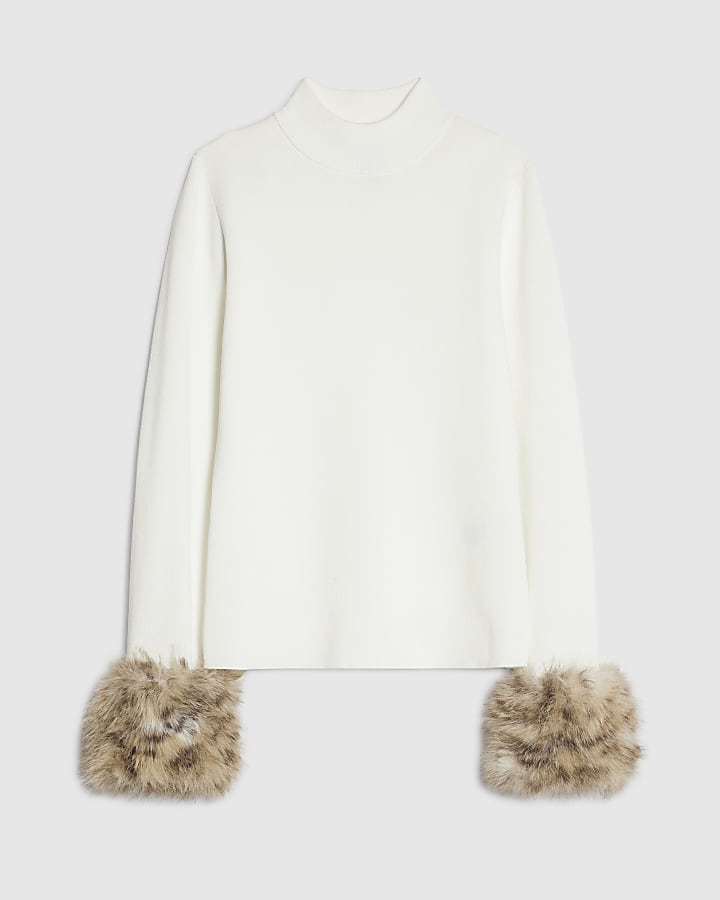 Cream Knit Faux Fur Cuff Jumper