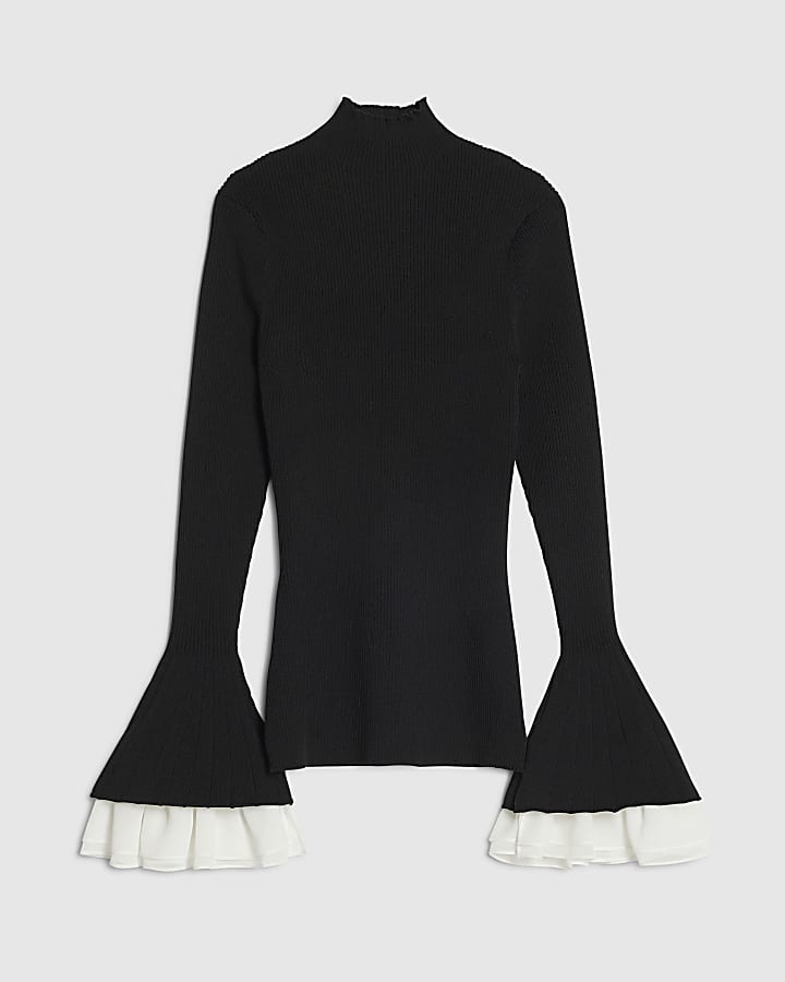 Black Ribbed Knit Flute Sleeve Top