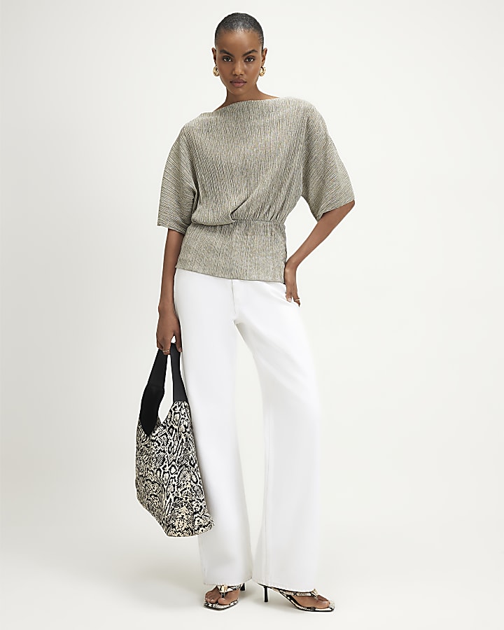 Khaki Plisse Batwing Top