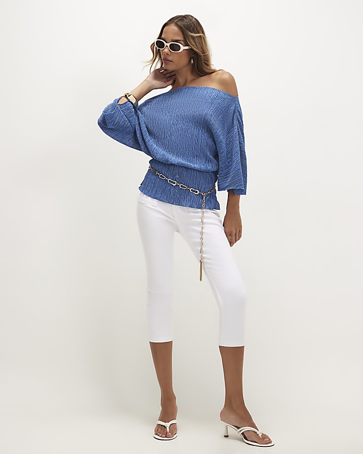 Blue Plisse Batwing Top