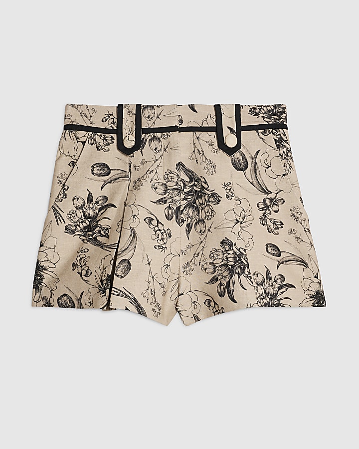 Beige Cotton Blend Floral Pleat Detail Shorts