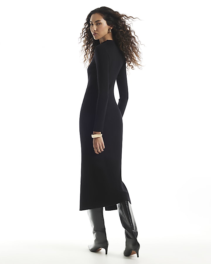 Black Rib Knit Stacked Button Midi Dress