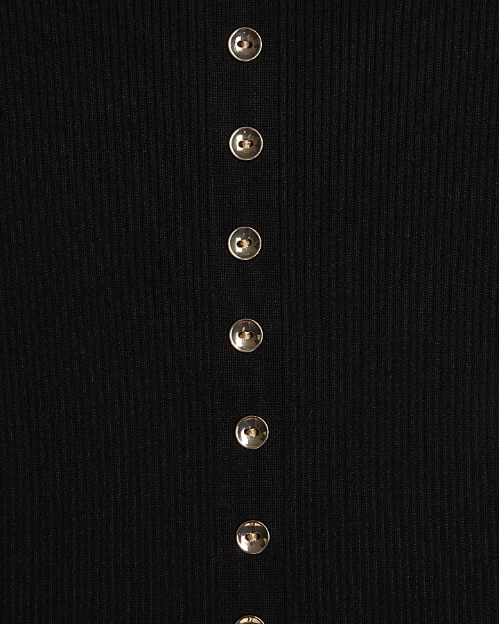 Black Rib Knit Stacked Button Midi Dress