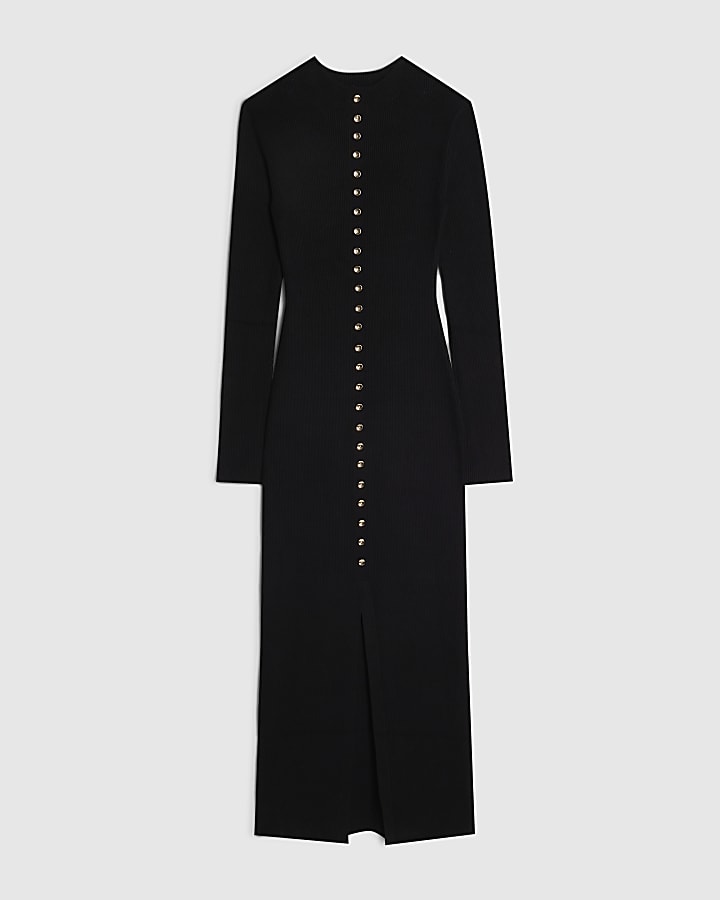 Black Rib Knit Stacked Button Midi Dress