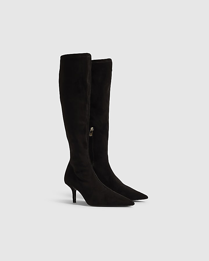 Black Faux Suede High Leg Stretch Sock Boots