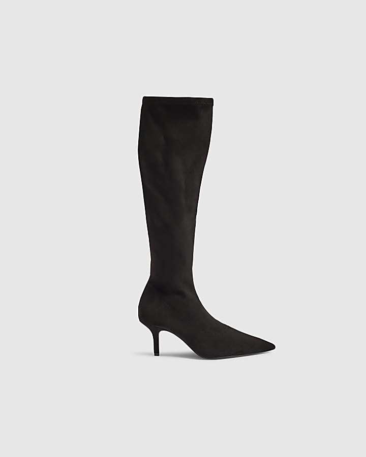 Black Faux Suede High Leg Stretch Sock Boots